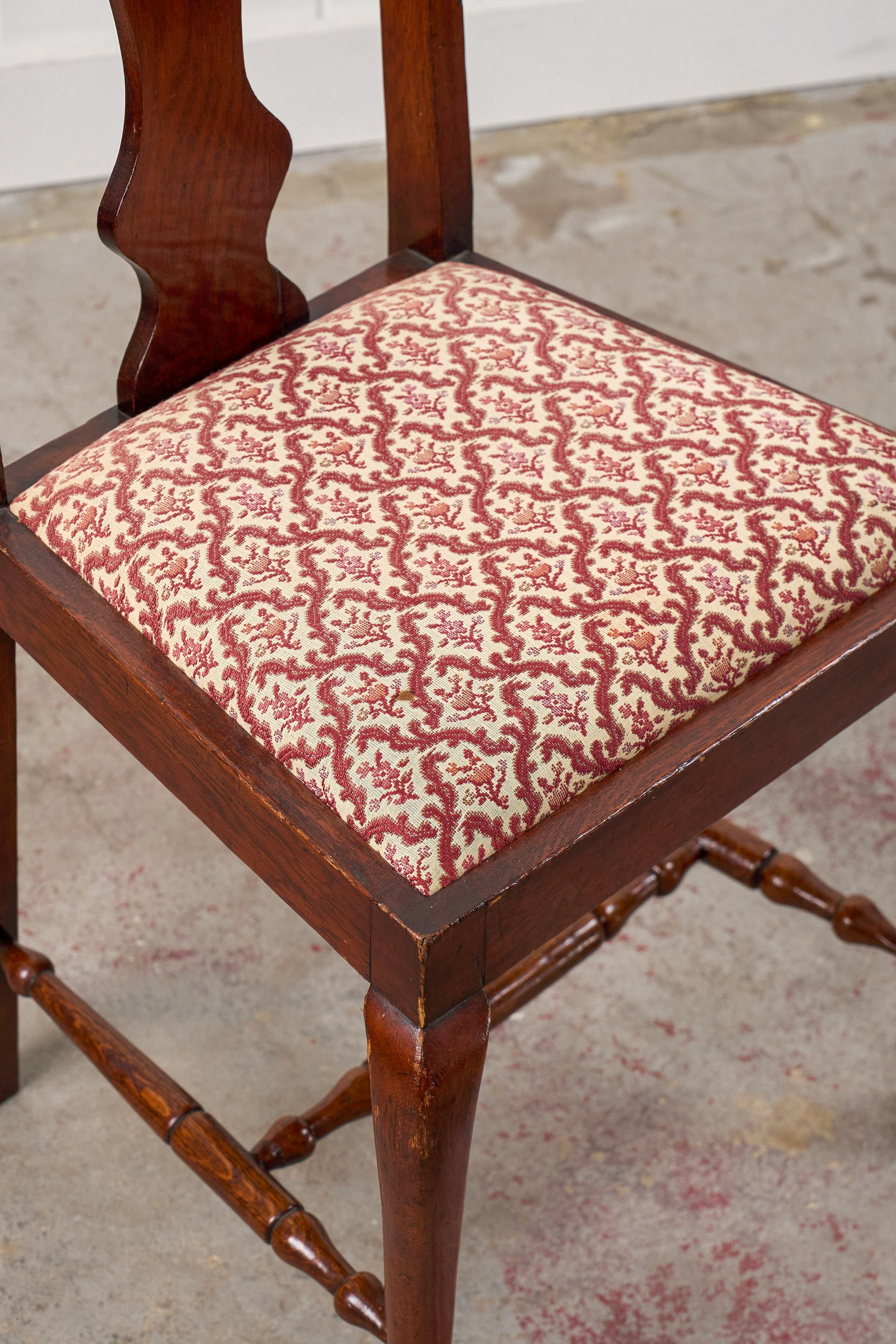 SET of 8 | Walnut Queen Anne Style Dining Chairs with Red/Pink Floral Upholstered Seats