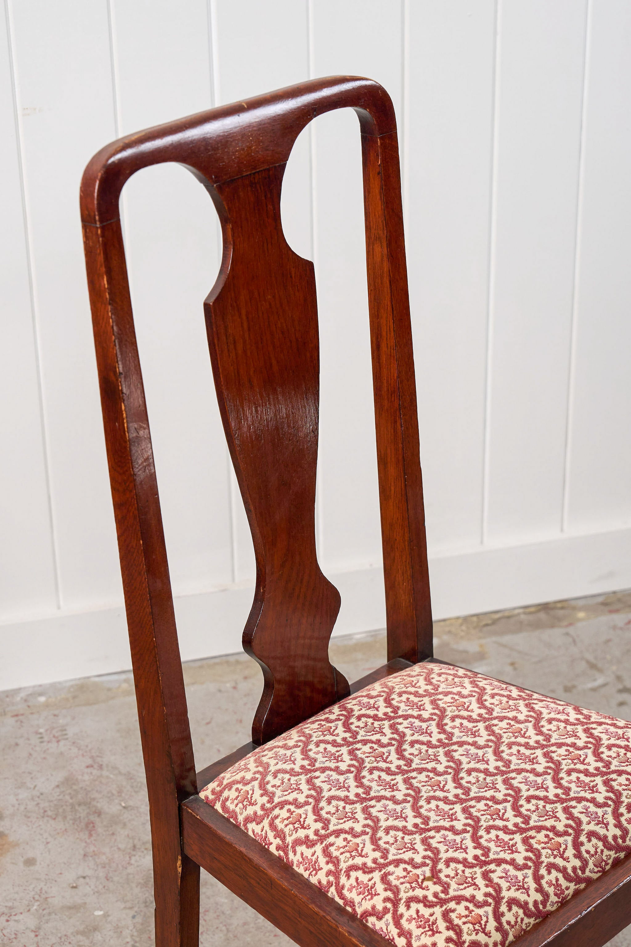 SET of 8 | Walnut Queen Anne Style Dining Chairs with Red/Pink Floral Upholstered Seats