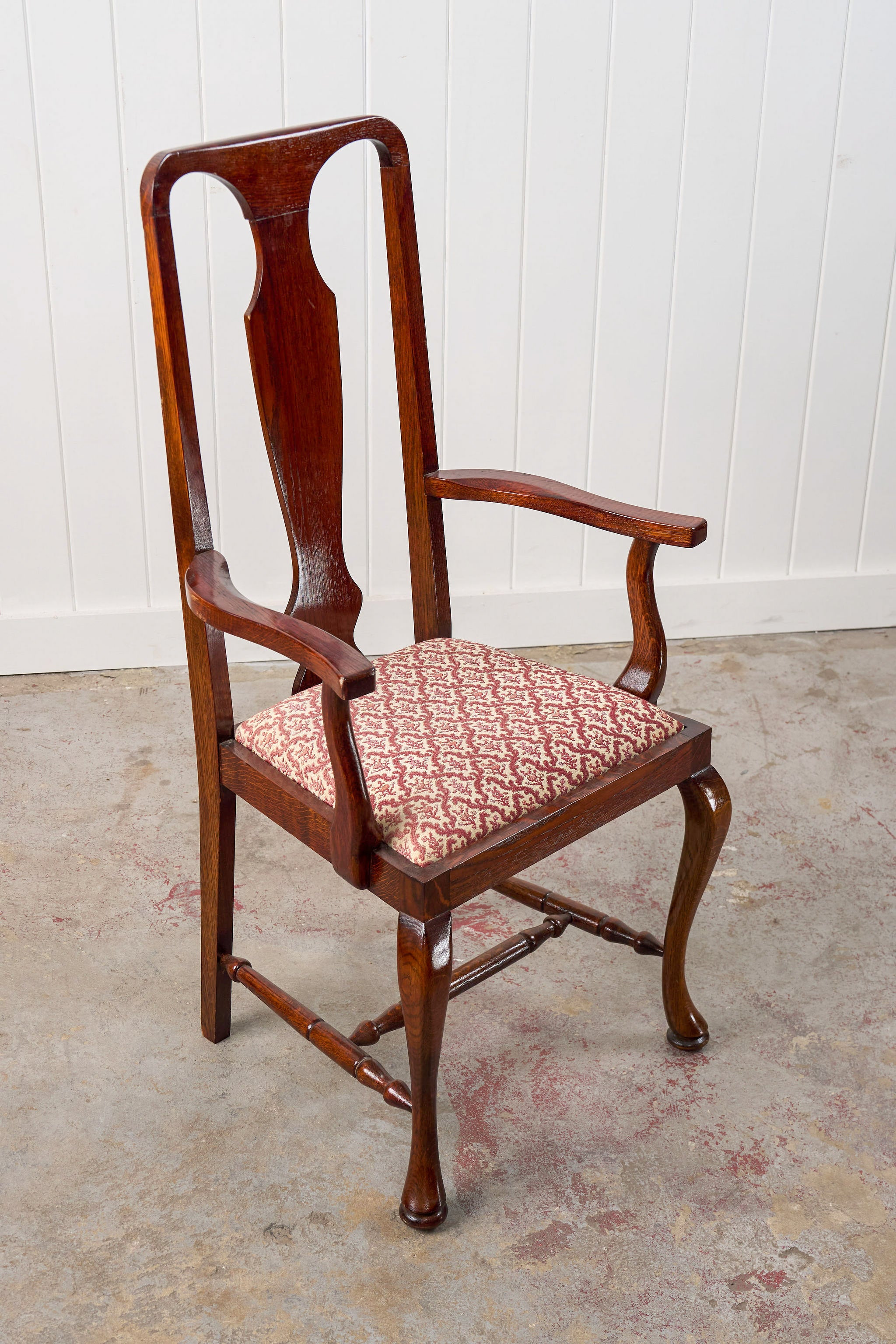 SET of 8 | Walnut Queen Anne Style Dining Chairs with Red/Pink Floral Upholstered Seats