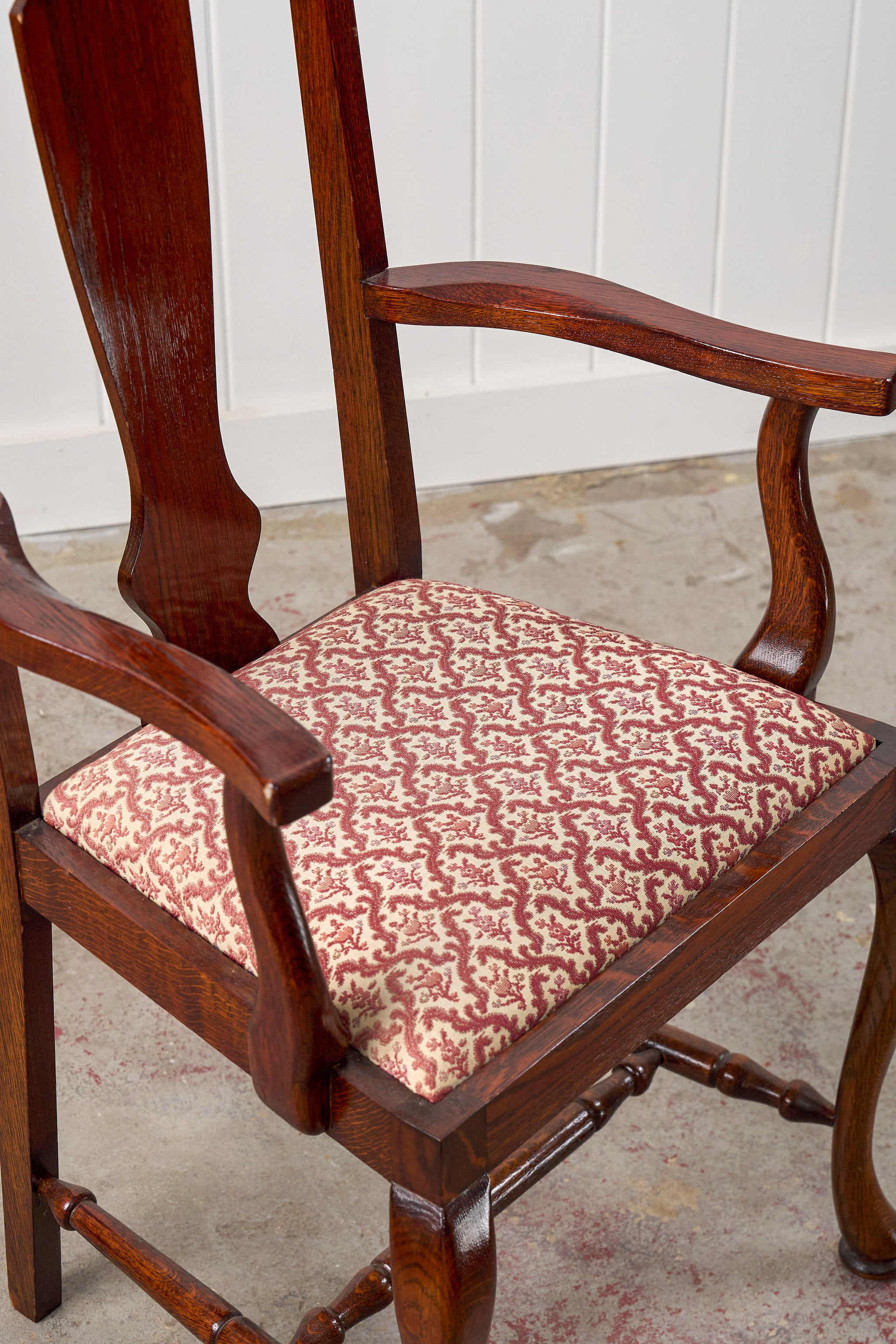 SET of 8 | Walnut Queen Anne Style Dining Chairs with Red/Pink Floral Upholstered Seats