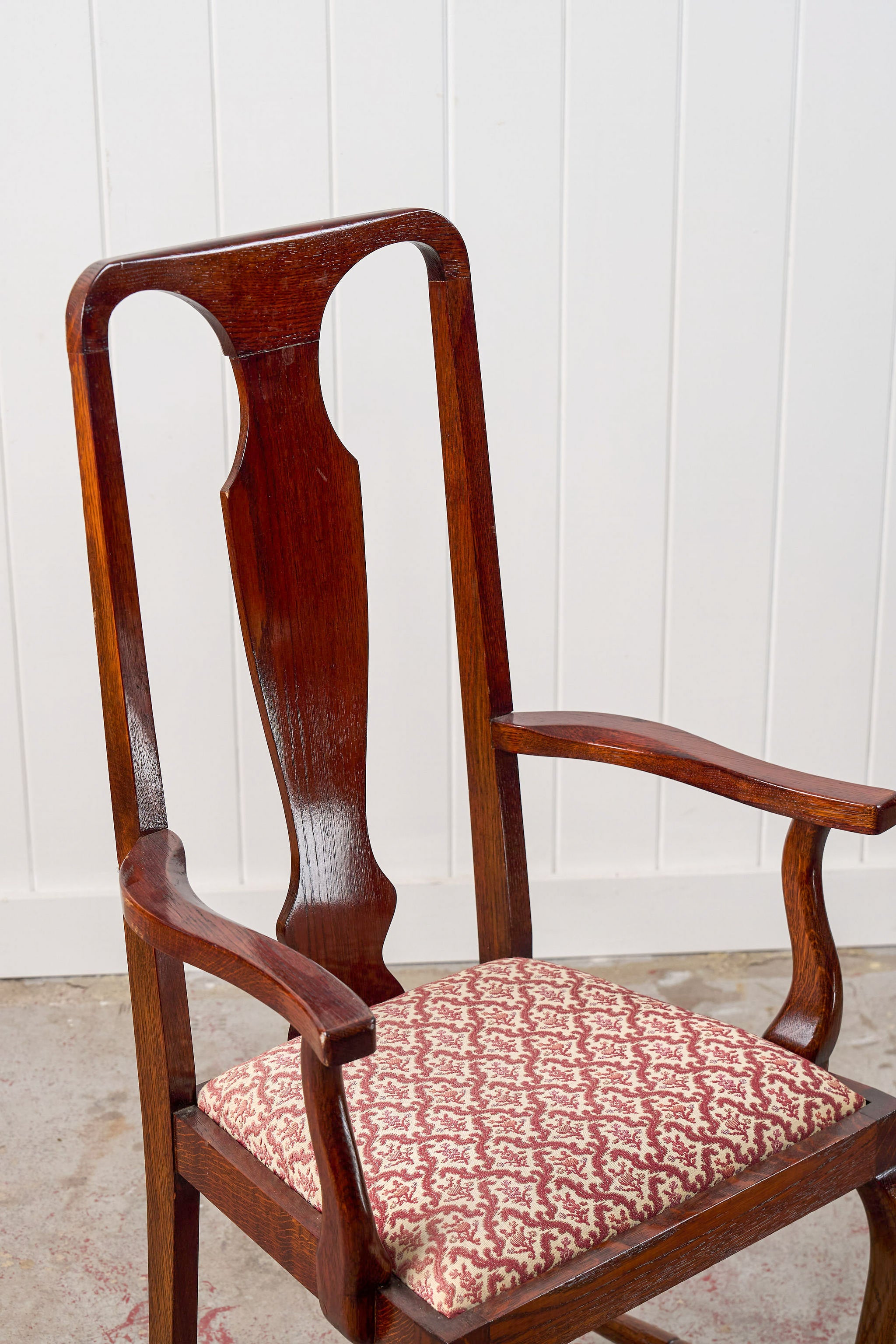 SET of 8 | Walnut Queen Anne Style Dining Chairs with Red/Pink Floral Upholstered Seats
