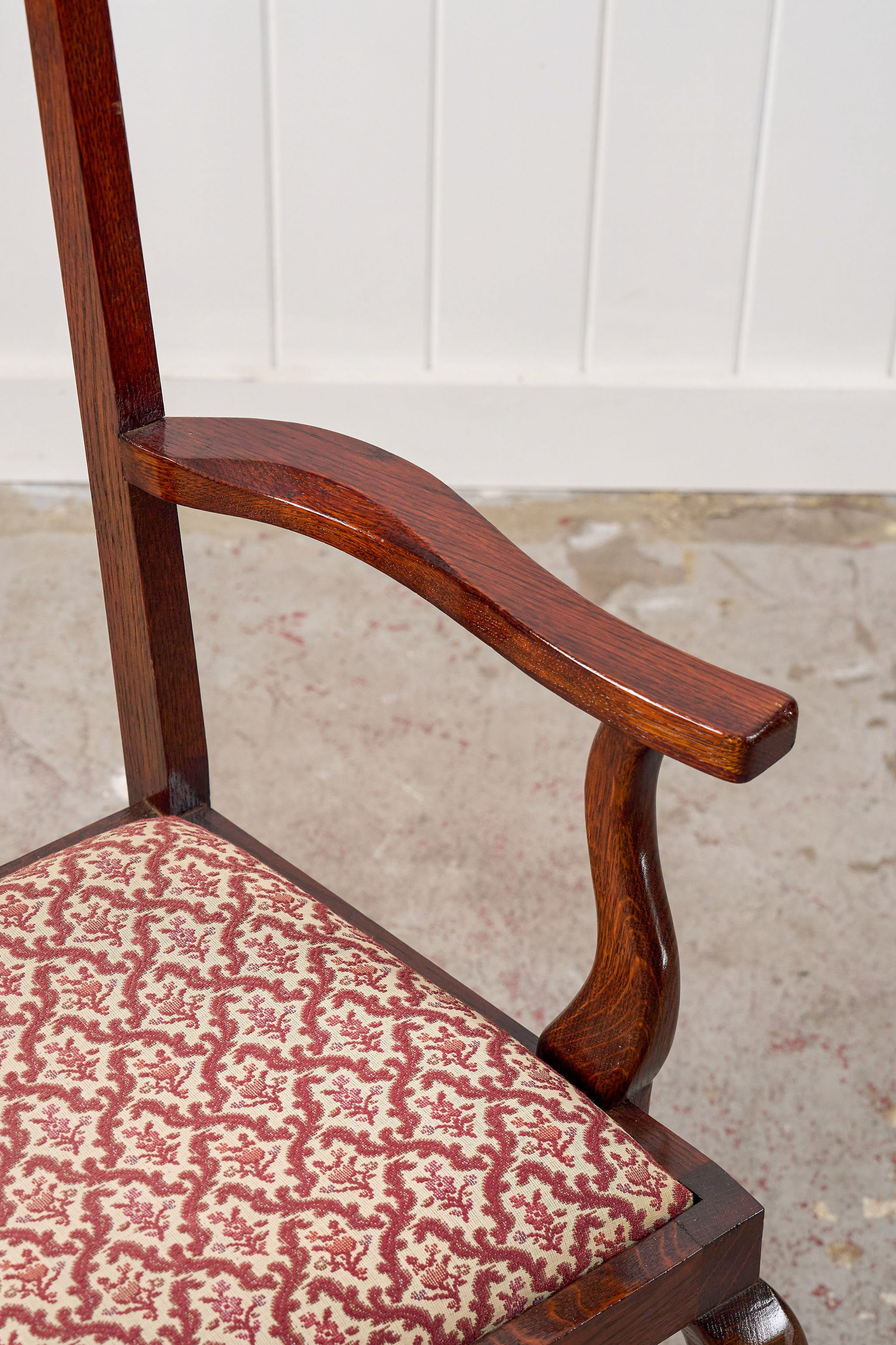 SET of 8 | Walnut Queen Anne Style Dining Chairs with Red/Pink Floral Upholstered Seats