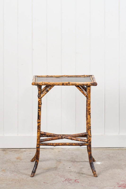 19th Century Rectangular Bamboo Side Table with Lacquered Top and Stretcher Base
