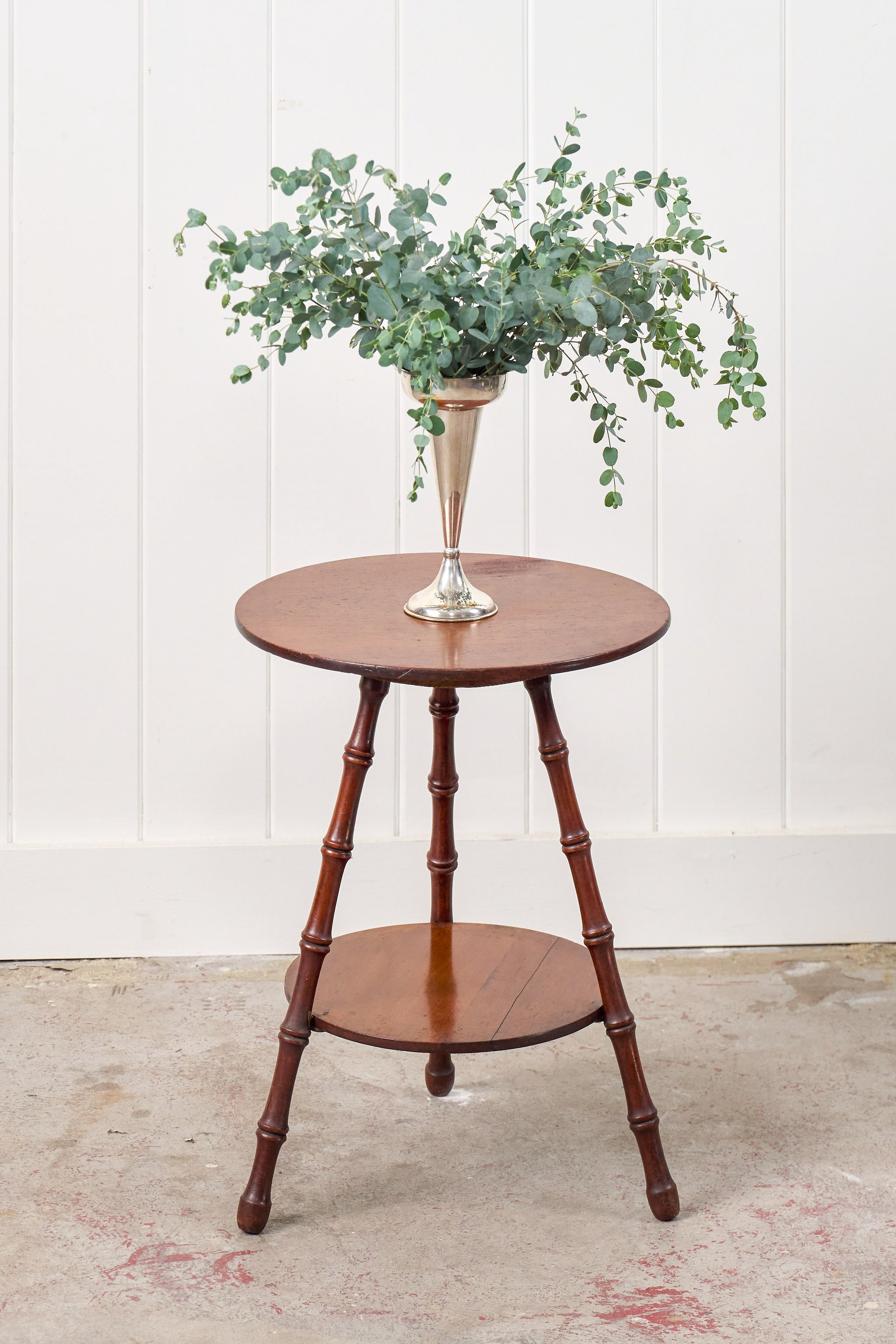 English Faux Bamboo Two-Tier Round Table With Cane Cut Legs