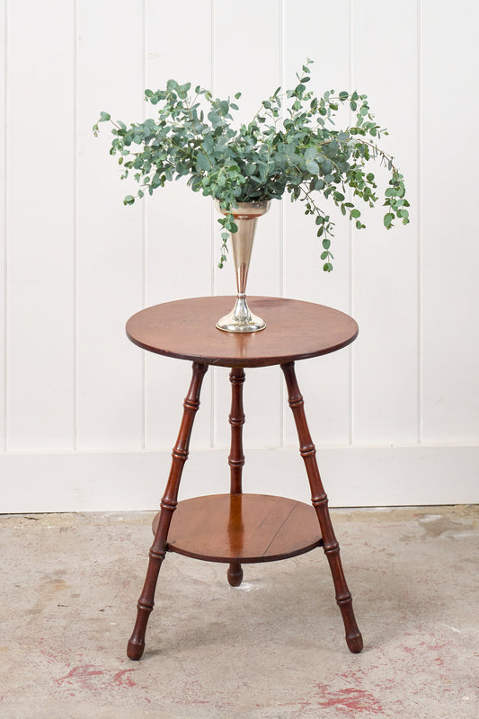 English Faux Bamboo Two-Tier Round Table With Cane Cut Legs
