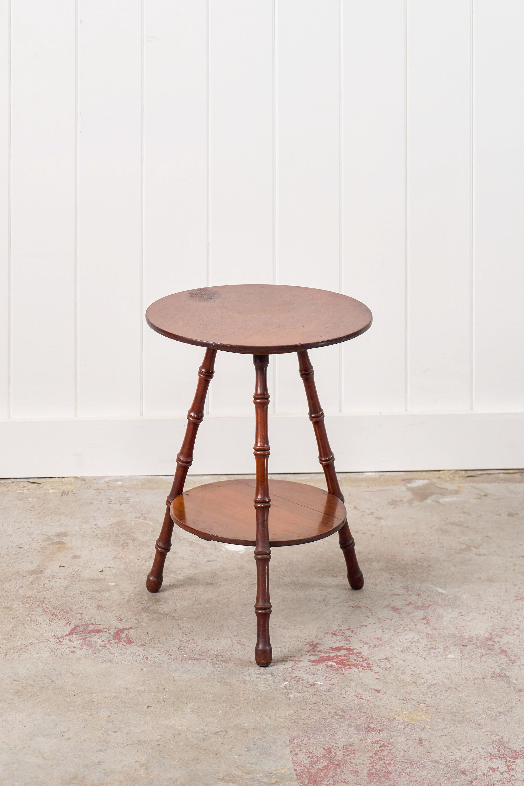 English Faux Bamboo Two-Tier Round Table With Cane Cut Legs
