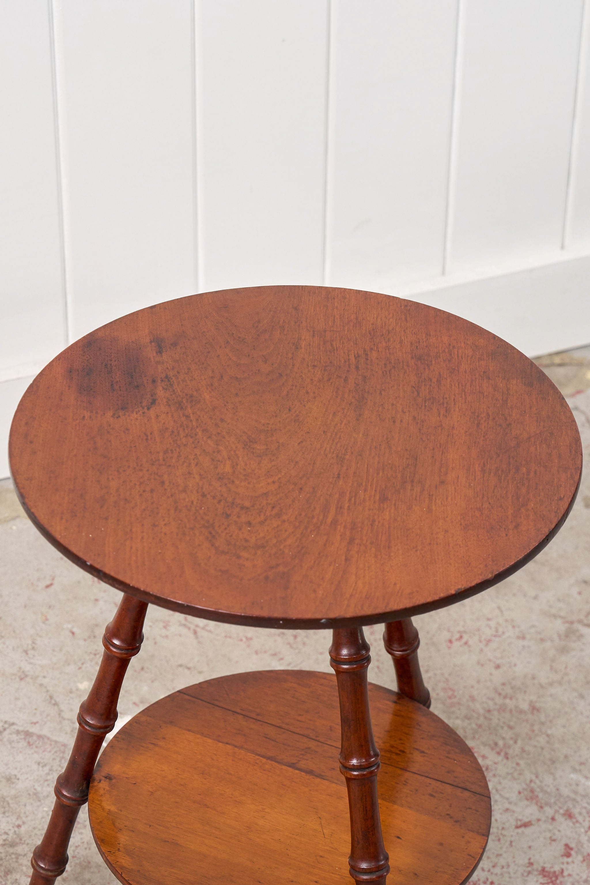 English Faux Bamboo Two-Tier Round Table With Cane Cut Legs