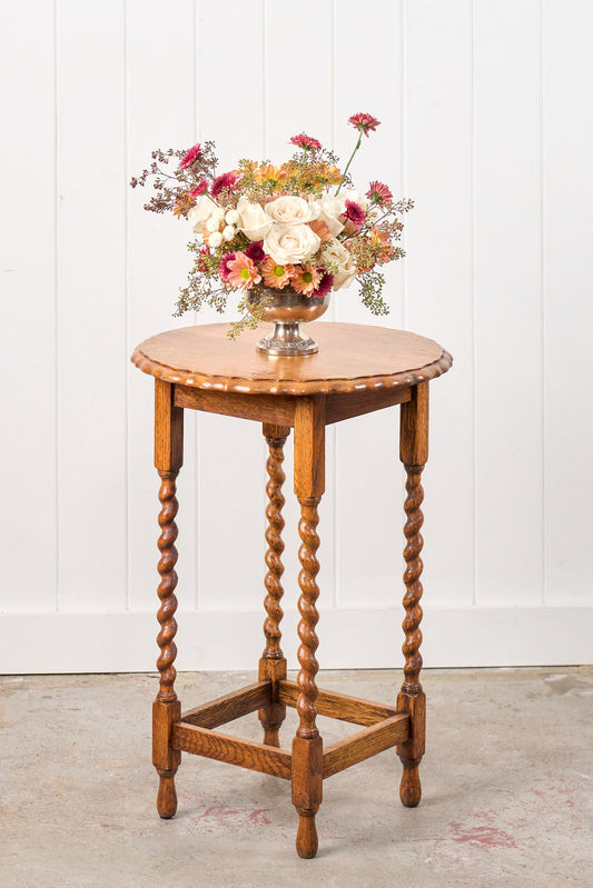 Antique English Barley Twist Lamp Table With Scalloped Edge