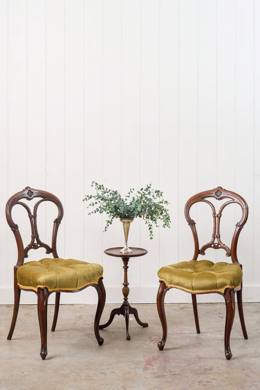 PAIR Antique Carved Chairs with Velvet Tufted Upholstered Seats