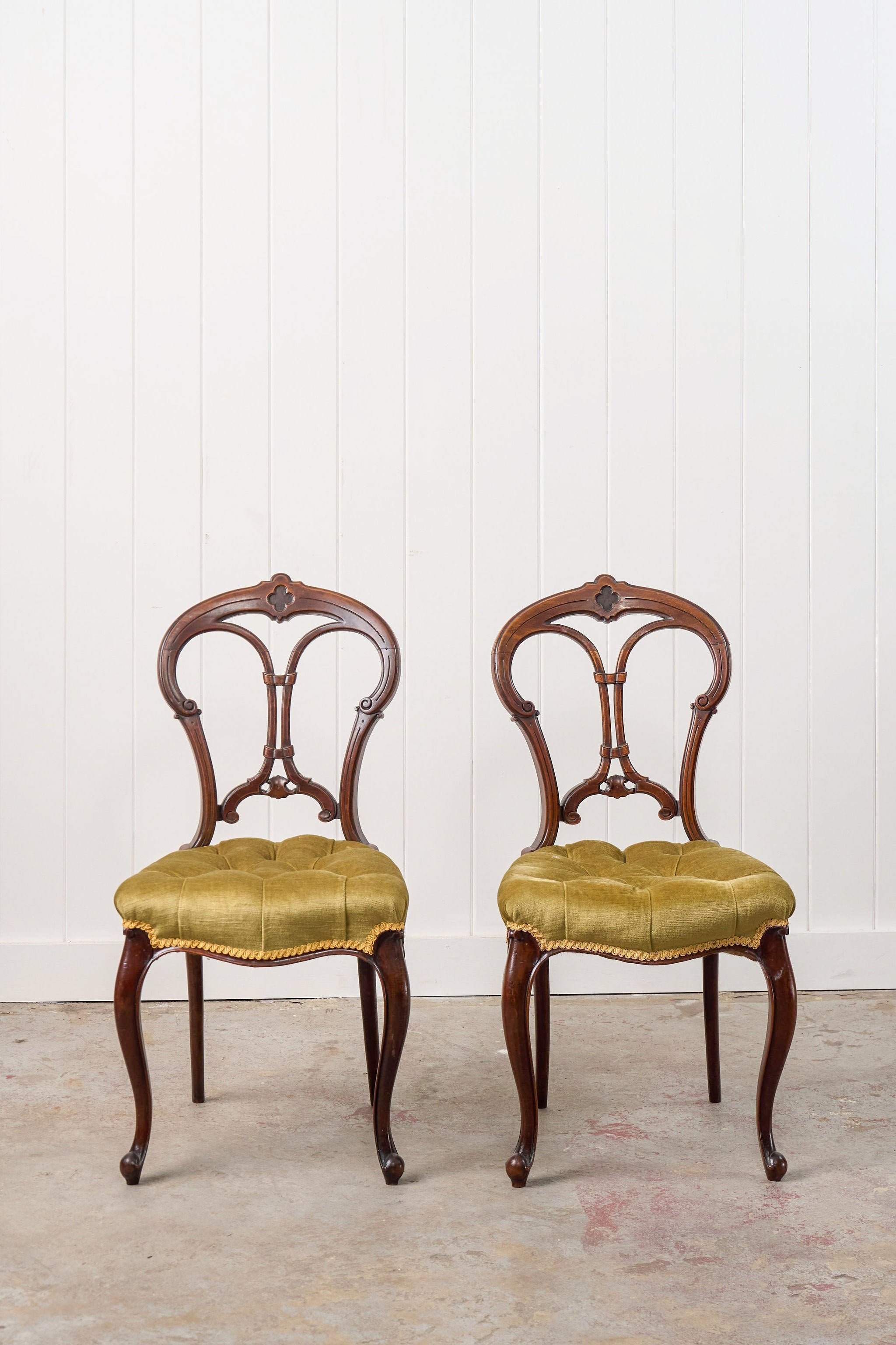 PAIR Antique Carved Chairs with Velvet Tufted Upholstered Seats
