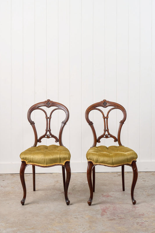 PAIR Antique Carved Chairs with Velvet Tufted Upholstered Seats