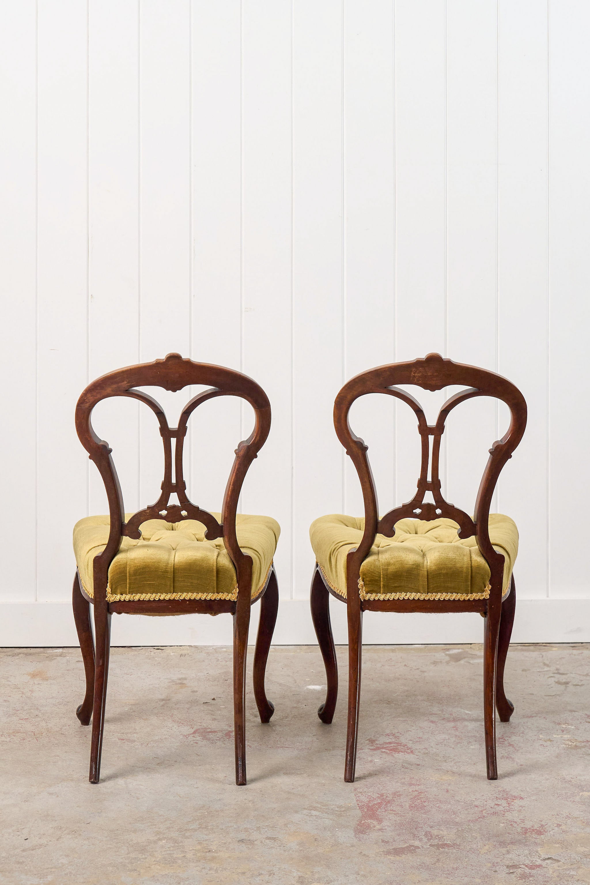 PAIR Antique Carved Chairs with Velvet Tufted Upholstered Seats