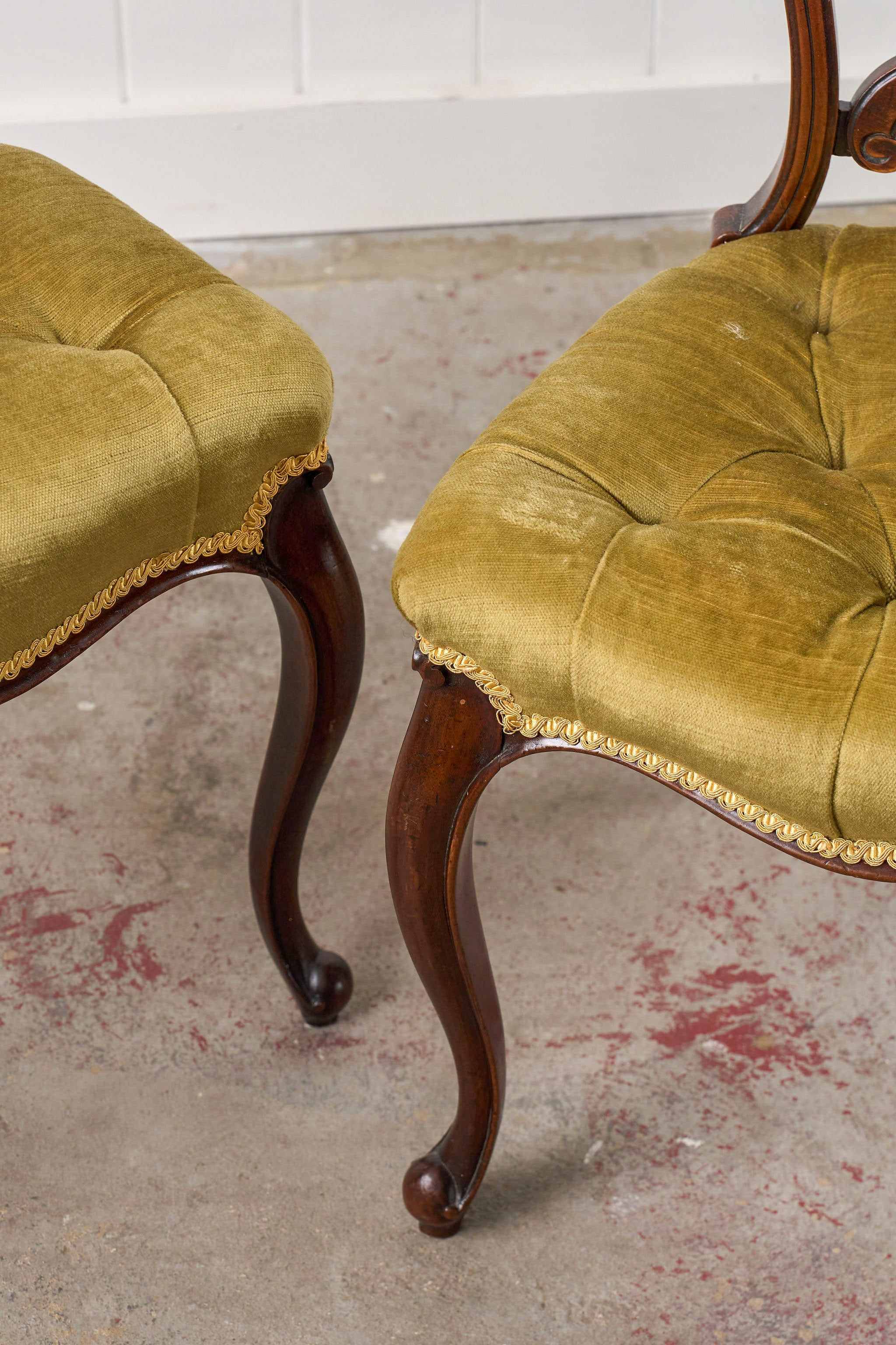 PAIR Antique Carved Chairs with Velvet Tufted Upholstered Seats