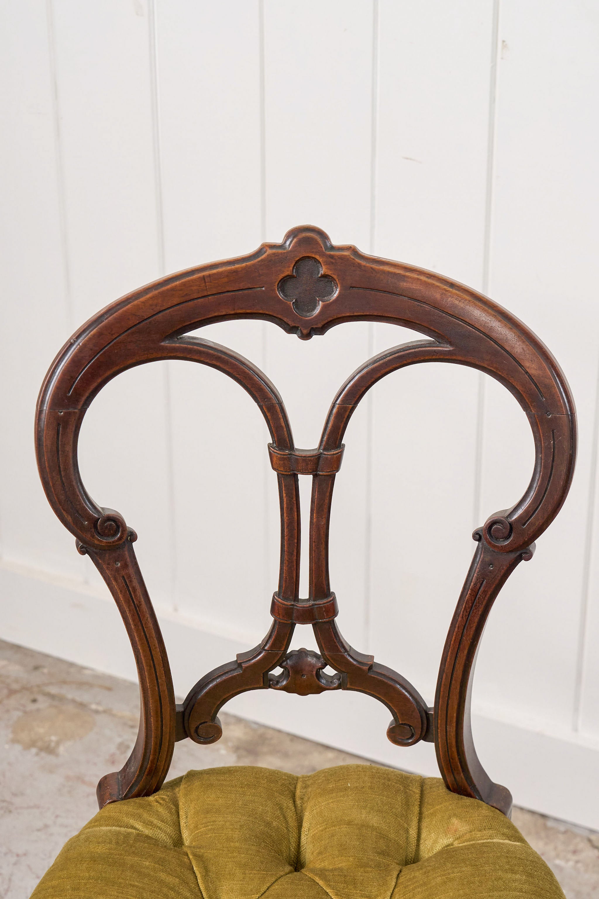 PAIR Antique Carved Chairs with Velvet Tufted Upholstered Seats