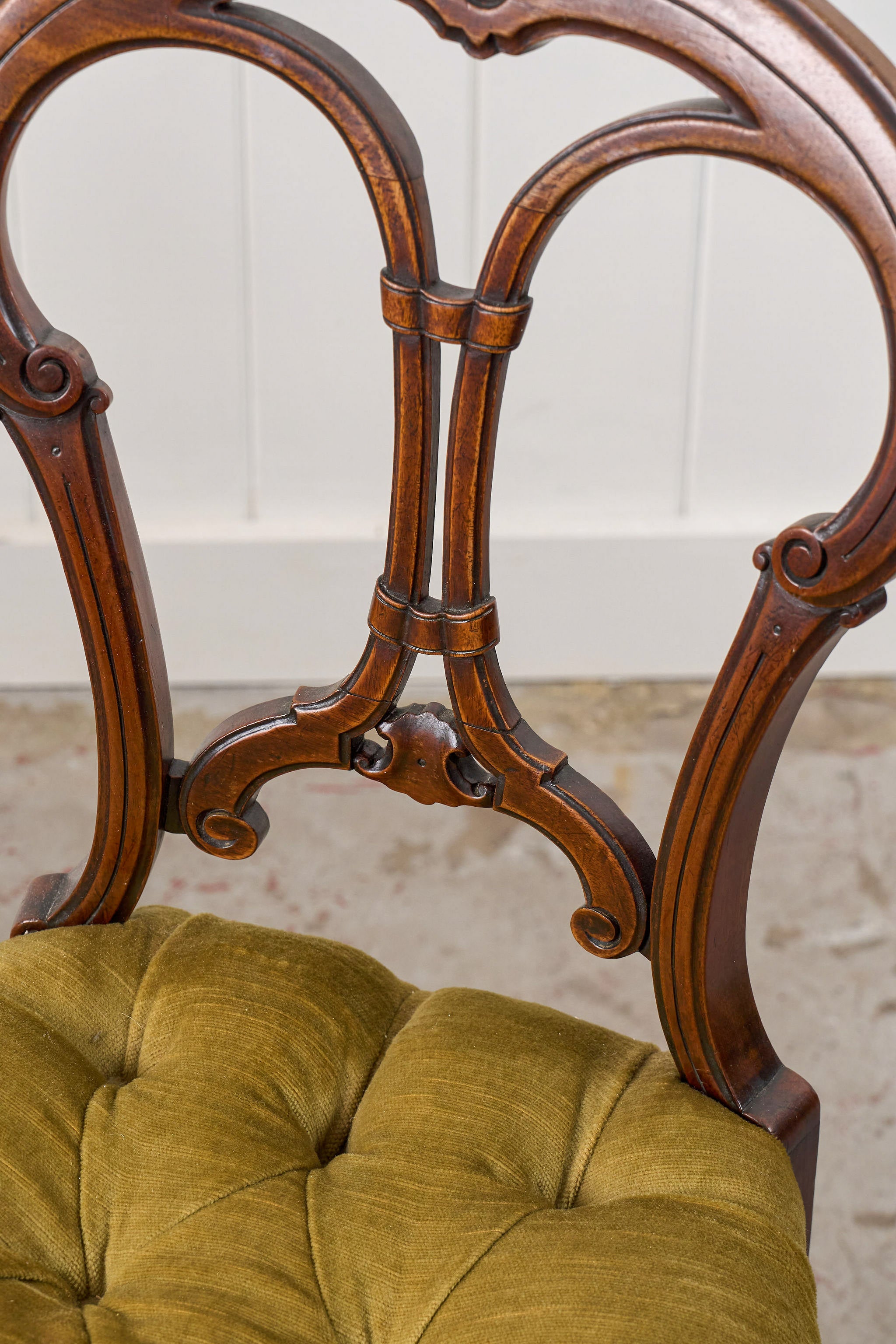 PAIR Antique Carved Chairs with Velvet Tufted Upholstered Seats