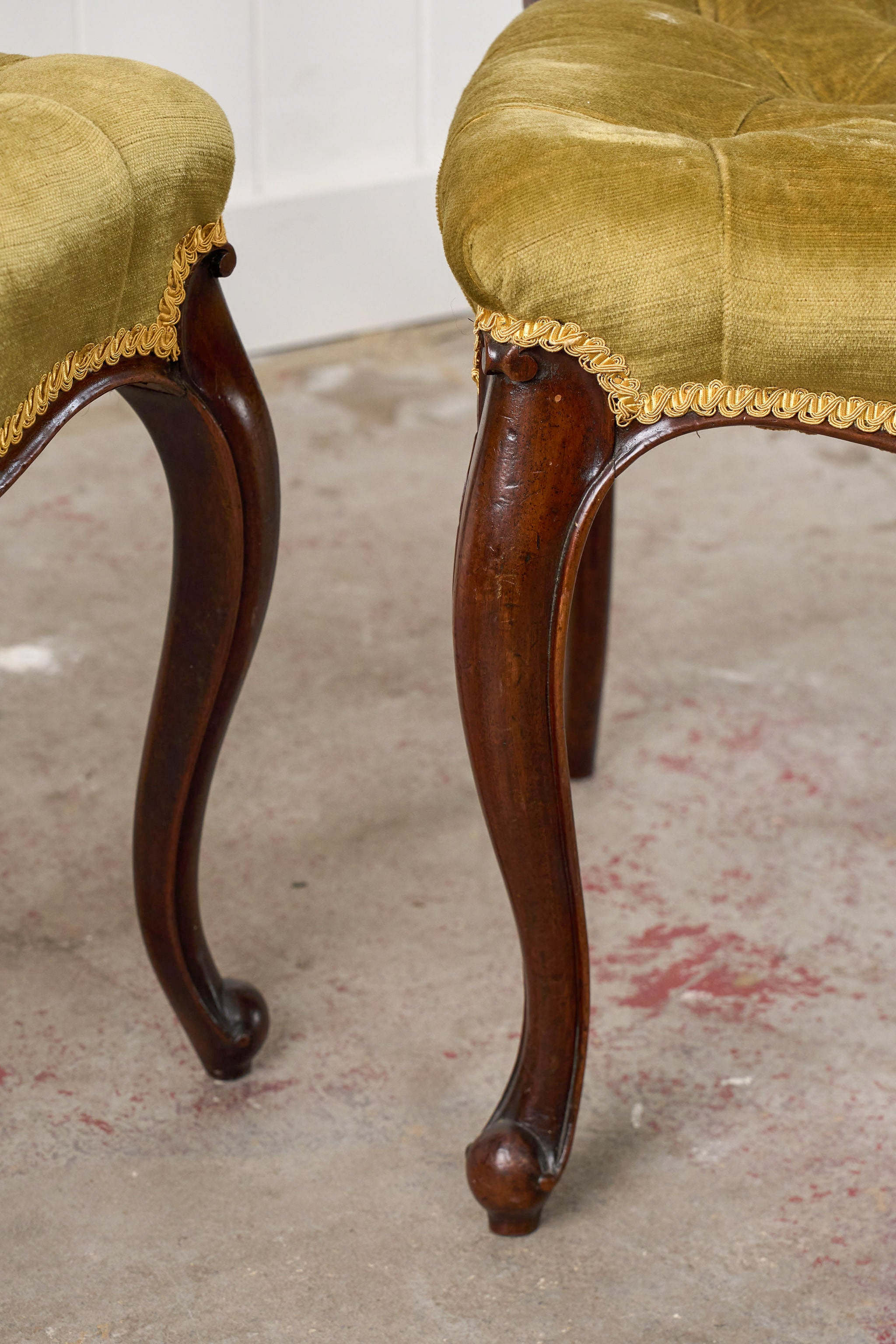PAIR Antique Carved Chairs with Velvet Tufted Upholstered Seats