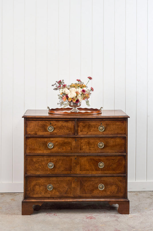 Exquisite 19th Century Burl Walnut Two Over Three Chest with Rings Pulls