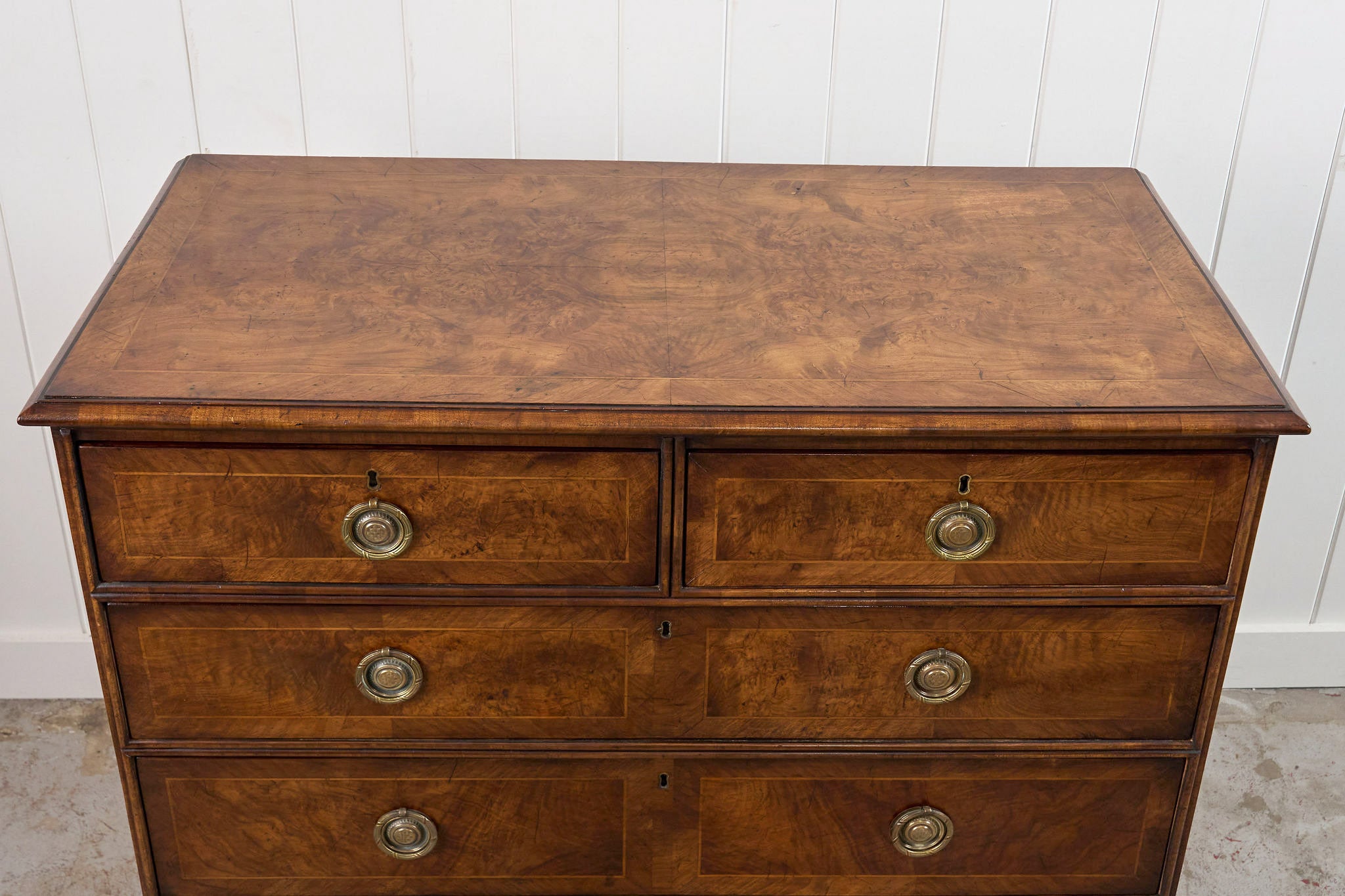 Exquisite 19th Century Burl Walnut Two Over Three Chest with Rings Pulls