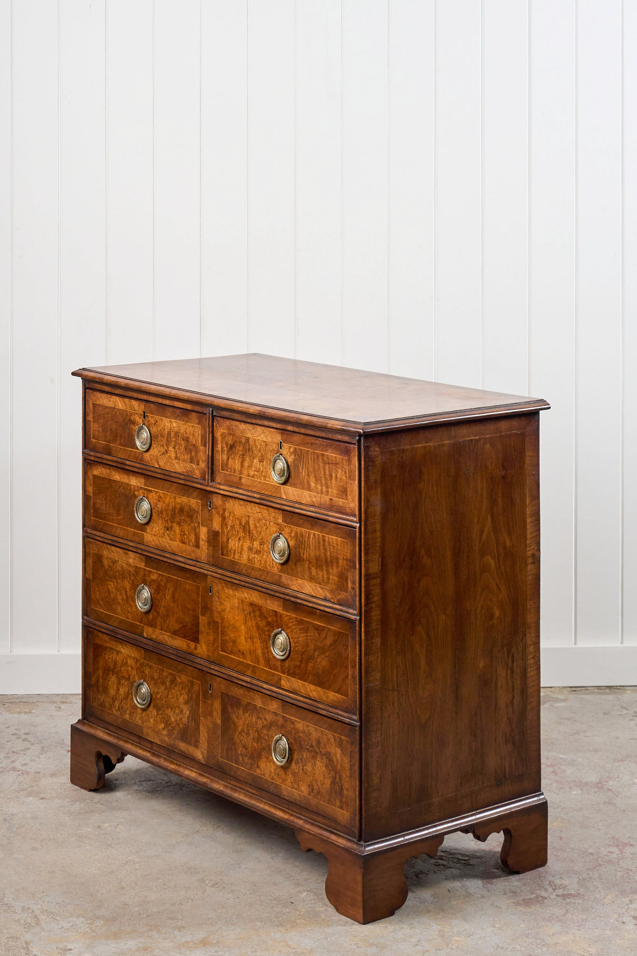 Exquisite 19th Century Burl Walnut Two Over Three Chest with Rings Pulls