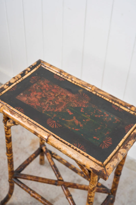 19th Century Rectangular Bamboo Side Table with Lacquered Top and Stretcher Base