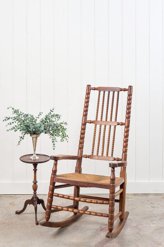 Antique English Bobbin Rocking Chair with Rush Seat