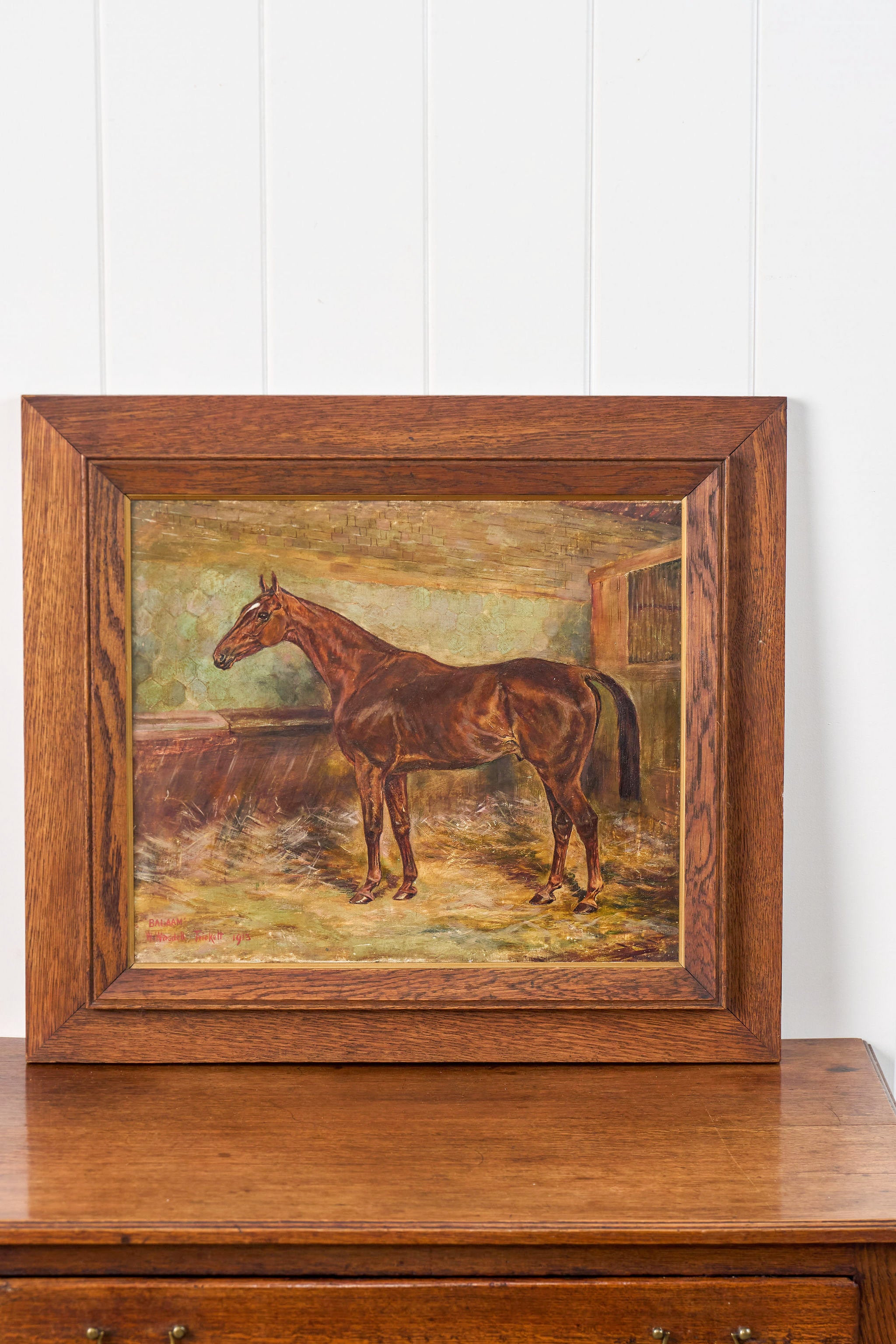 Antique Signed Original Oil on Canvas of Chestnut Horse ‘Balaam’ in Oak Frame (British, W. Wasdell Trickett, d. 1913)