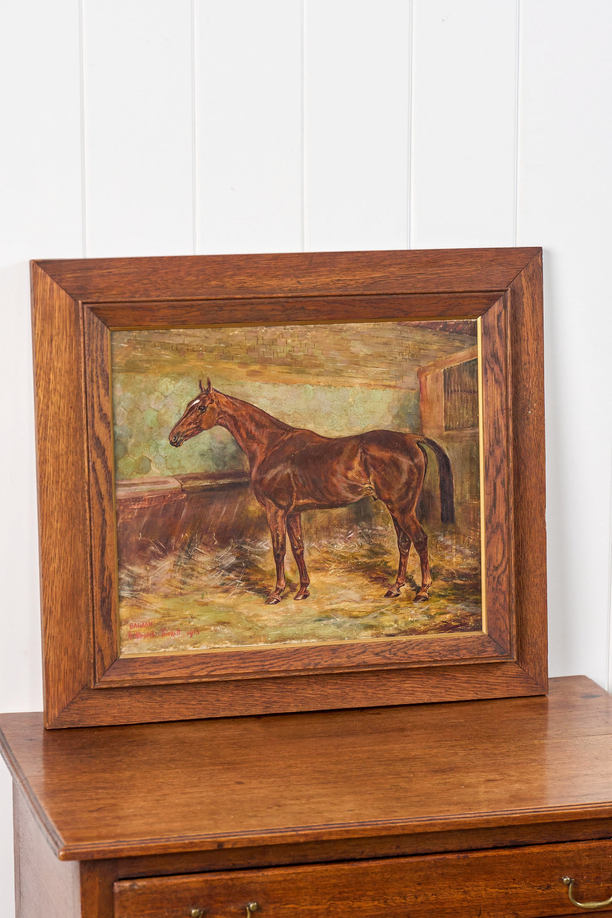 Antique Signed Original Oil on Canvas of Chestnut Horse ‘Balaam’ in Oak Frame (British, W. Wasdell Trickett, d. 1913)