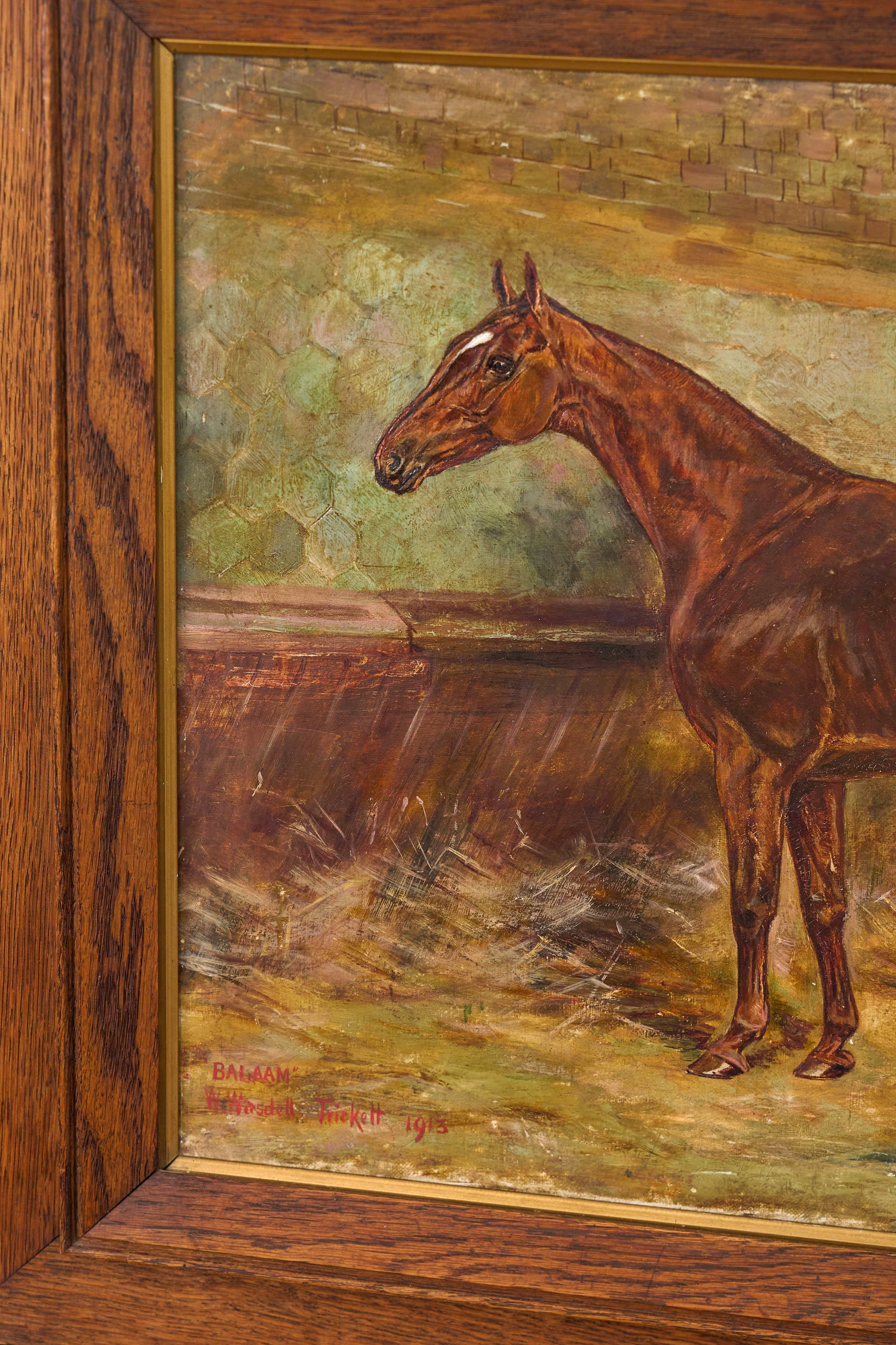 Antique Signed Original Oil on Canvas of Chestnut Horse ‘Balaam’ in Oak Frame (British, W. Wasdell Trickett, d. 1913)