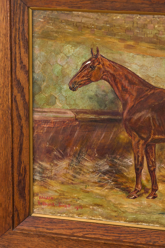 Antique Signed Original Oil on Canvas of Chestnut Horse ‘Balaam’ in Oak Frame (British, W. Wasdell Trickett, d. 1913)