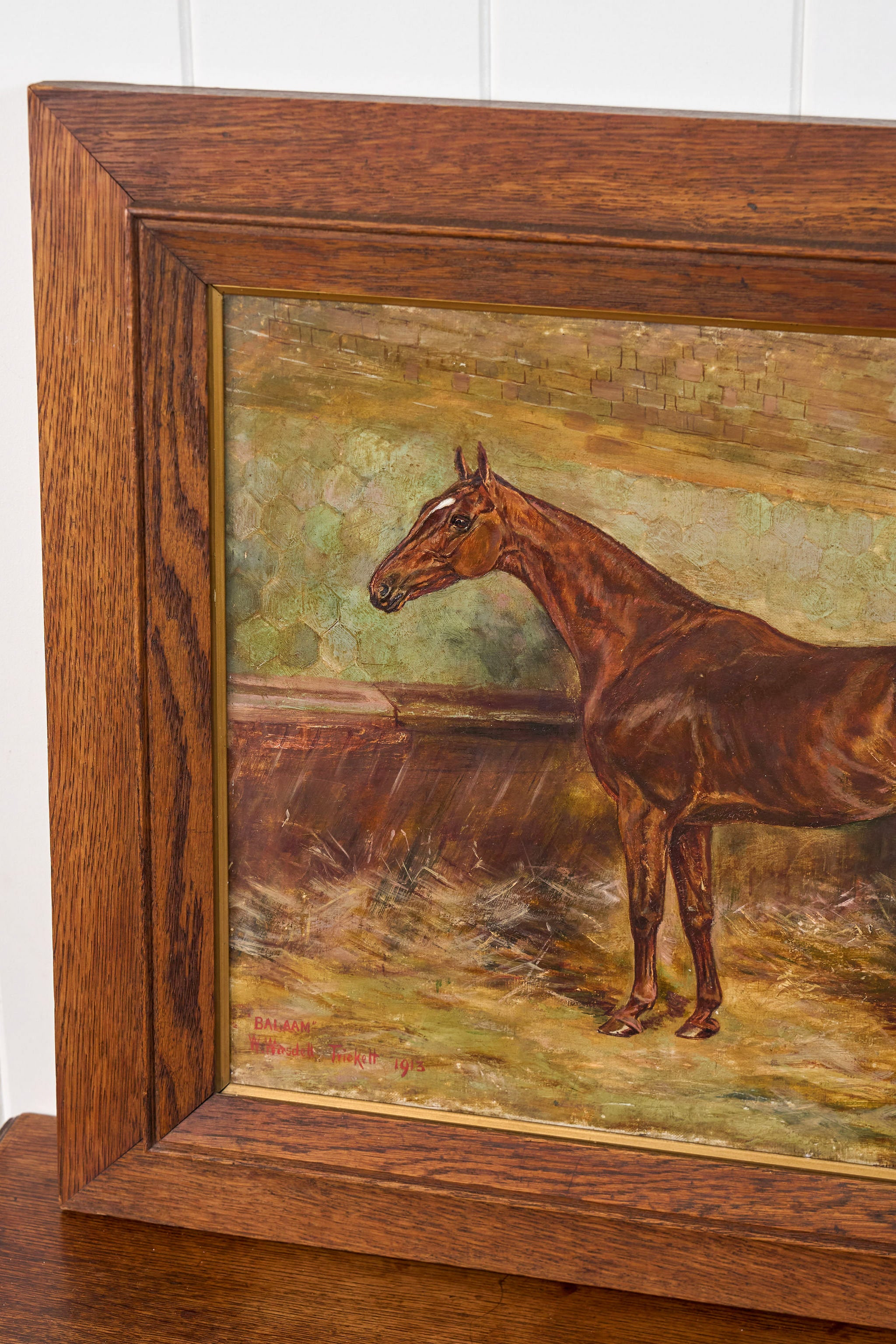 Antique Signed Original Oil on Canvas of Chestnut Horse ‘Balaam’ in Oak Frame (British, W. Wasdell Trickett, d. 1913)
