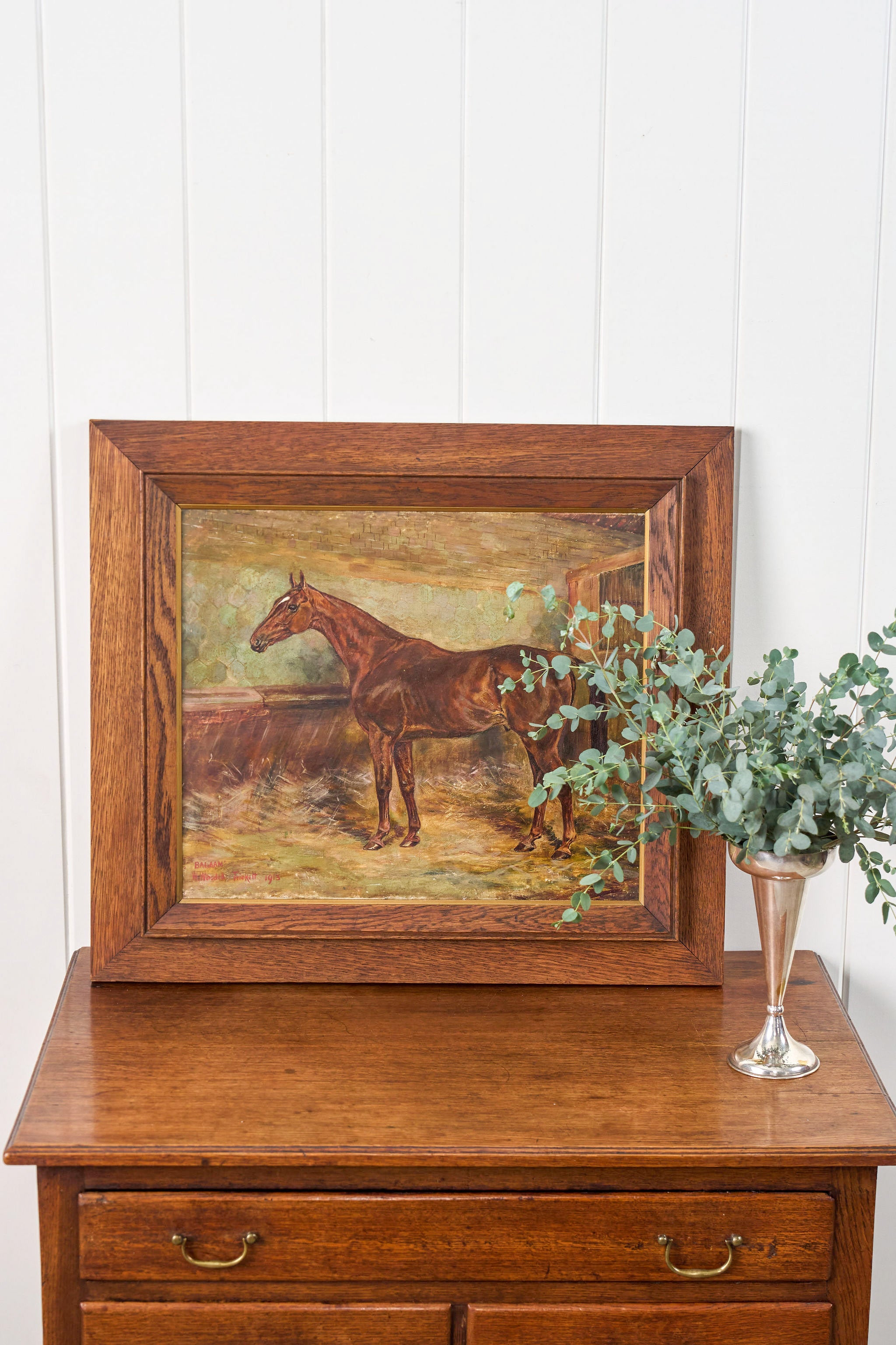 Antique Signed Original Oil on Canvas of Chestnut Horse ‘Balaam’ in Oak Frame (British, W. Wasdell Trickett, d. 1913)