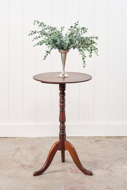 19th Century Yew + Walnut Side Table w/ Ring Turned Pedestal