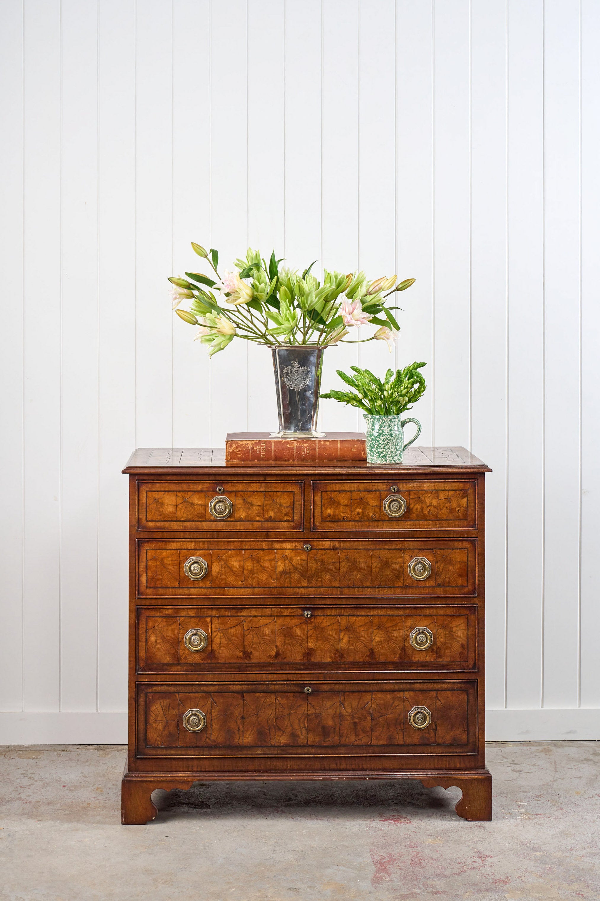 18th Century Large English Oyster Cut Chest of Drawers on Bracket Feet