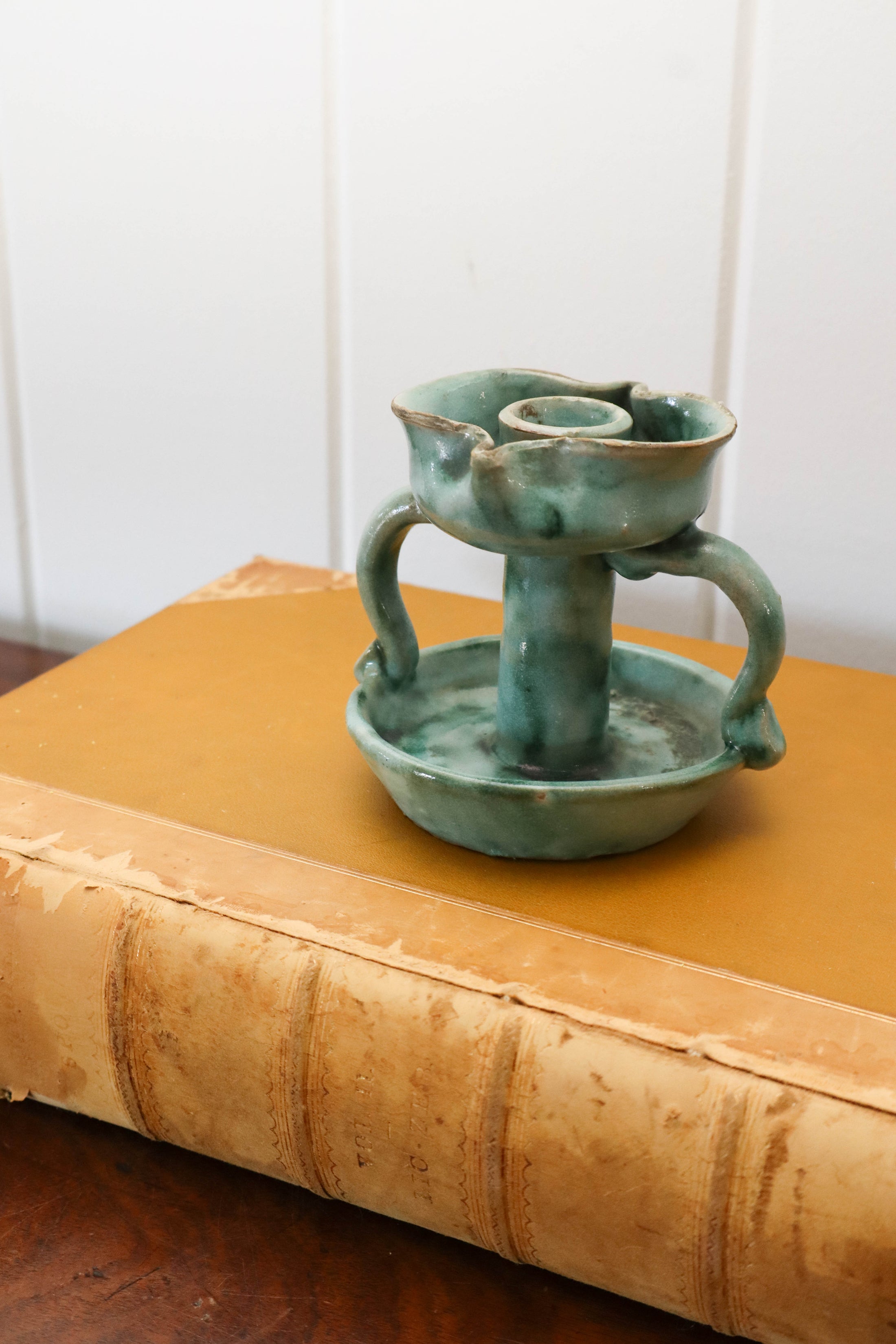 Vintage Handmade Italian Green Handled Candle Holder by Vietri
