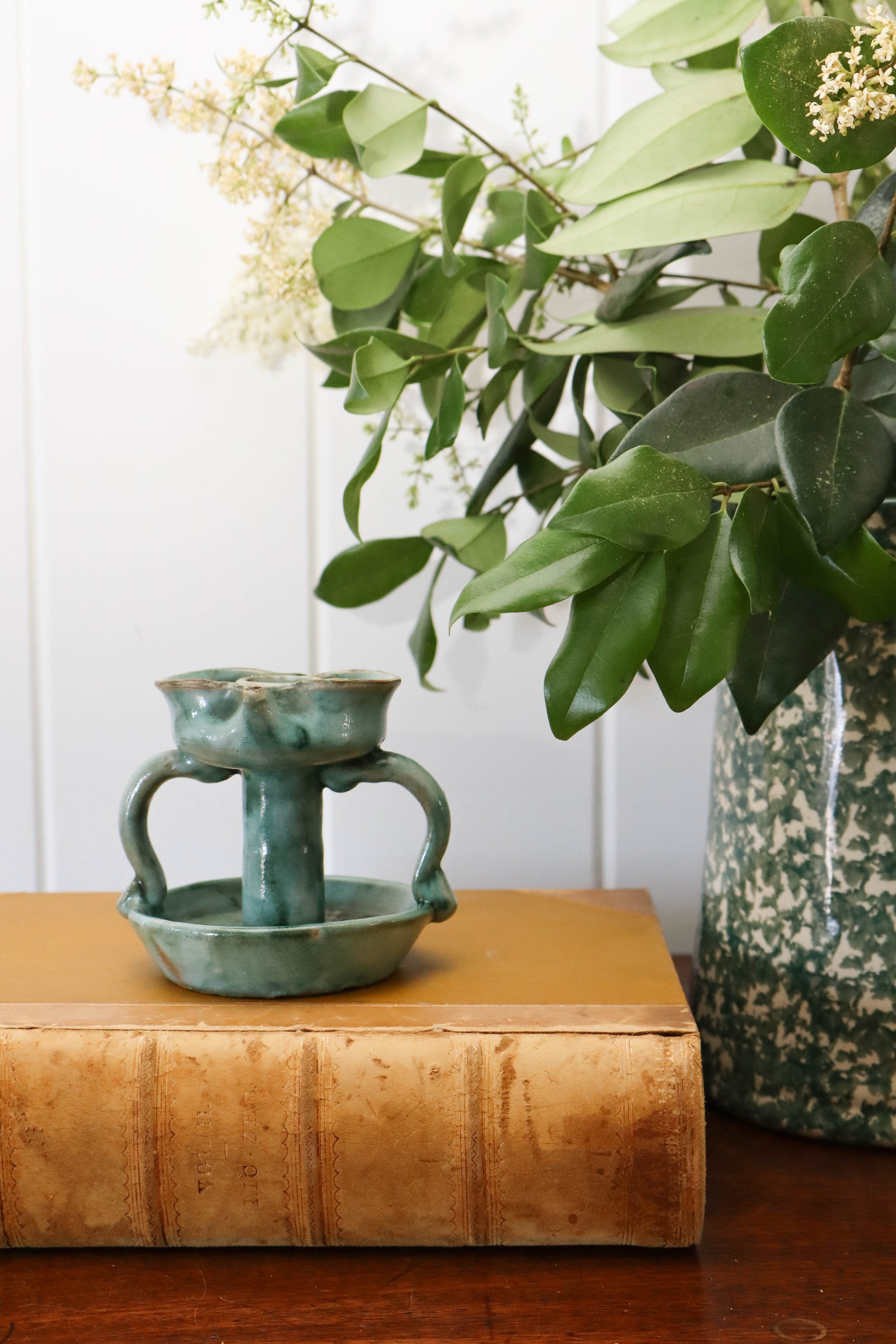 Vintage Handmade Italian Green Handled Candle Holder by Vietri