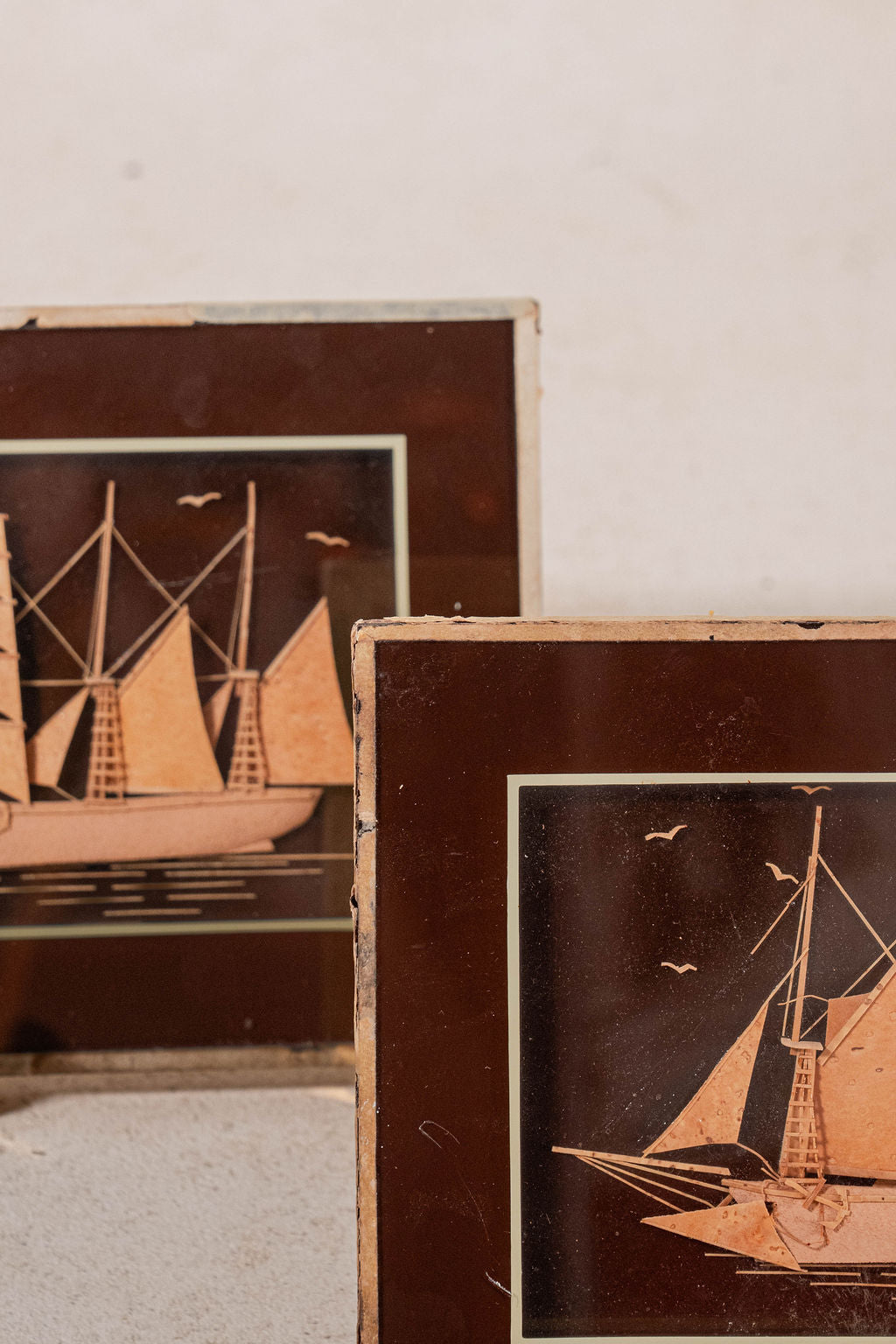 PAIR of Petite Sailboat Dioramas in Brown Frames