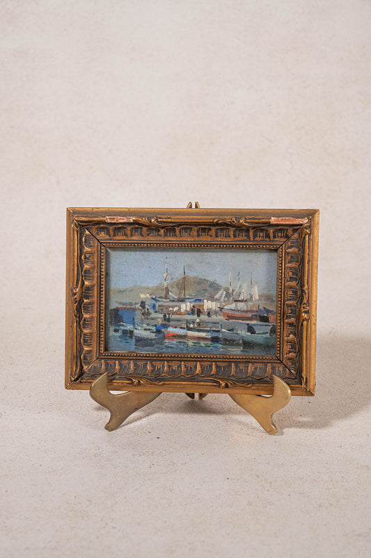 Antique French Oil on Board of Boats in Harbor