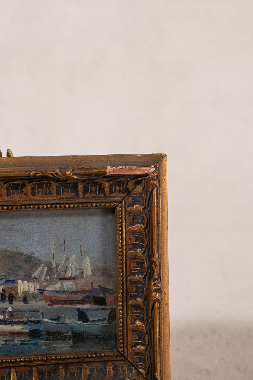 Antique French Oil on Board of Boats in Harbor