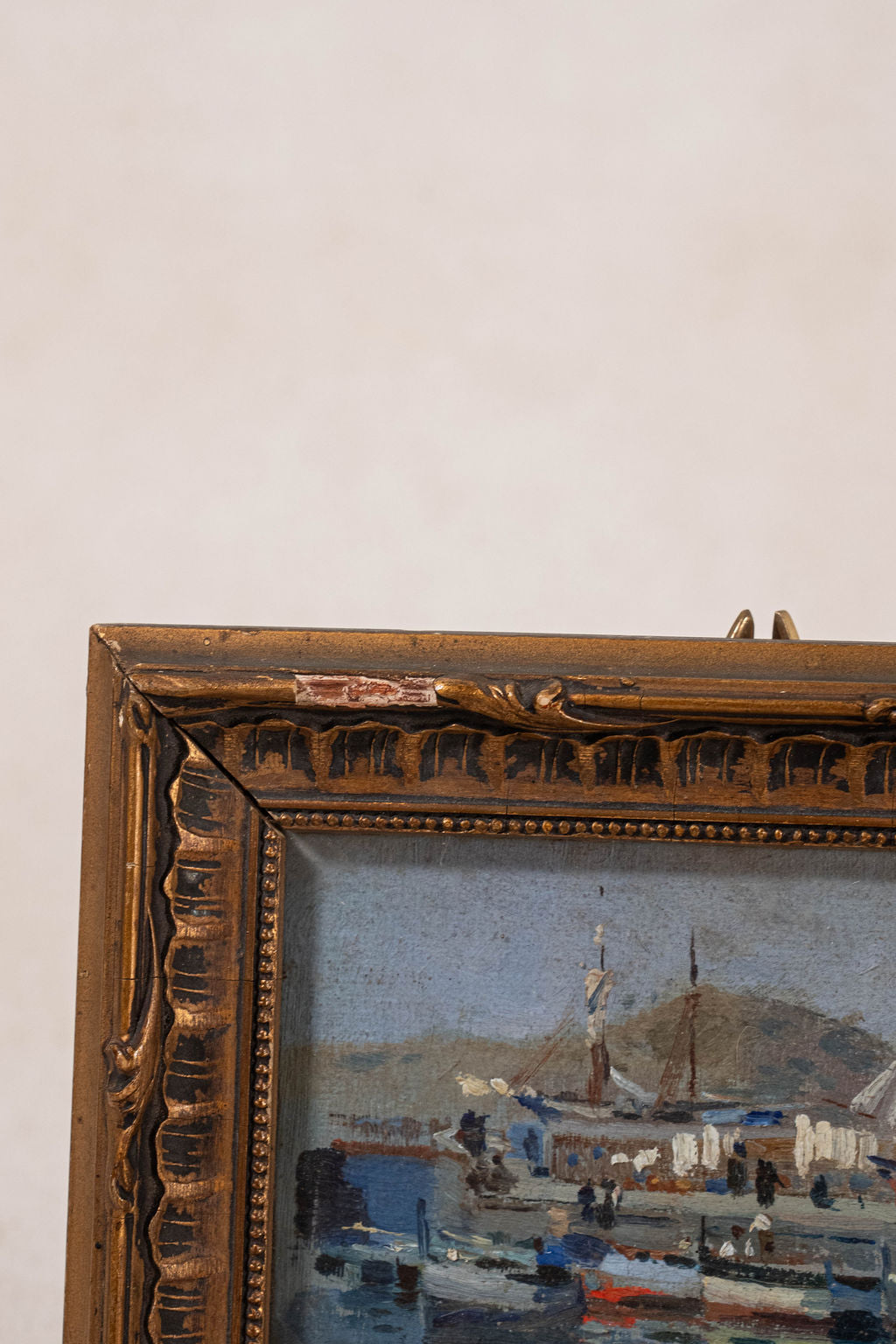 Antique French Oil on Board of Boats in Harbor