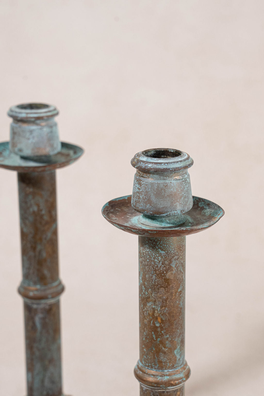 Pair Verdigris Metal Candlesticks
