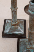 Load image into Gallery viewer, Pair Verdigris Metal Candlesticks
