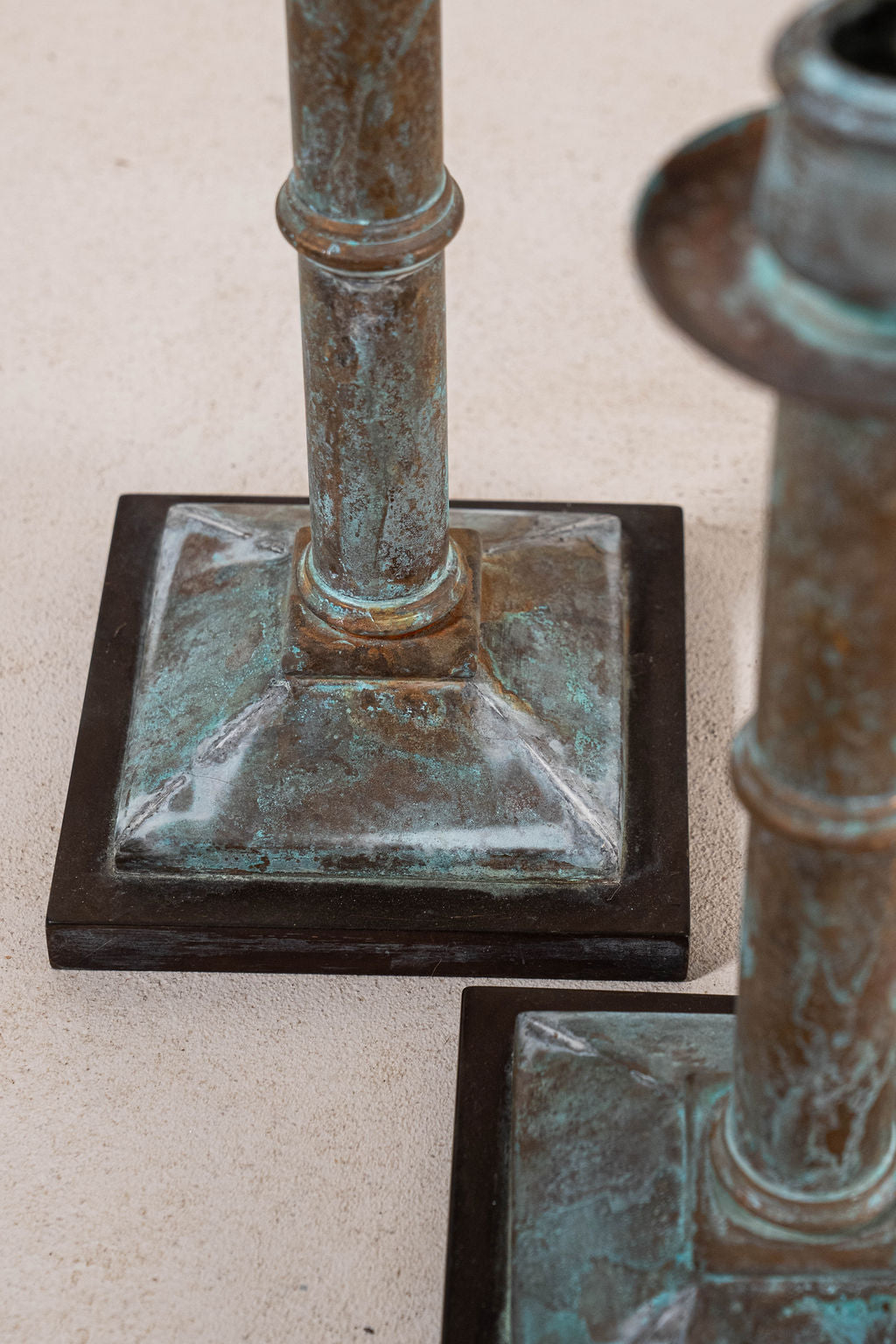 Pair Verdigris Metal Candlesticks
