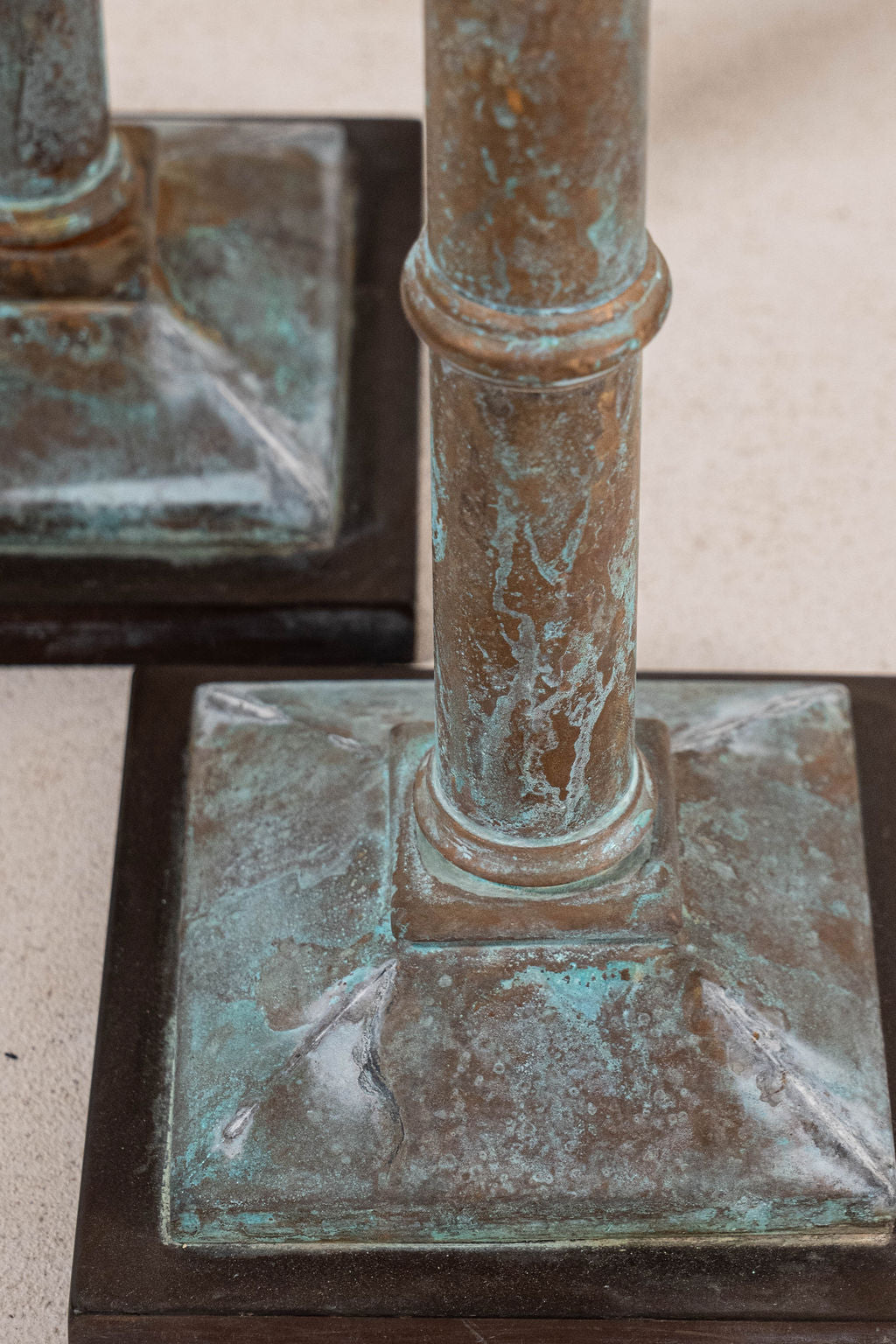 Pair Verdigris Metal Candlesticks