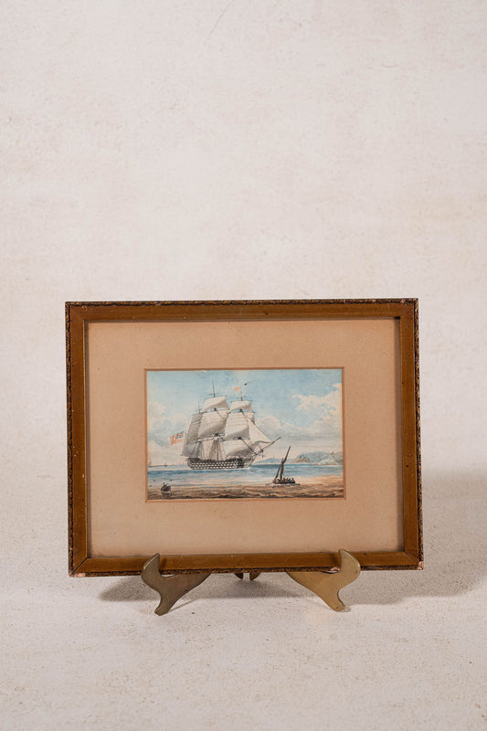 19th Century HMS Britannia Original Watercolor in Gold Frame (c. 1835)