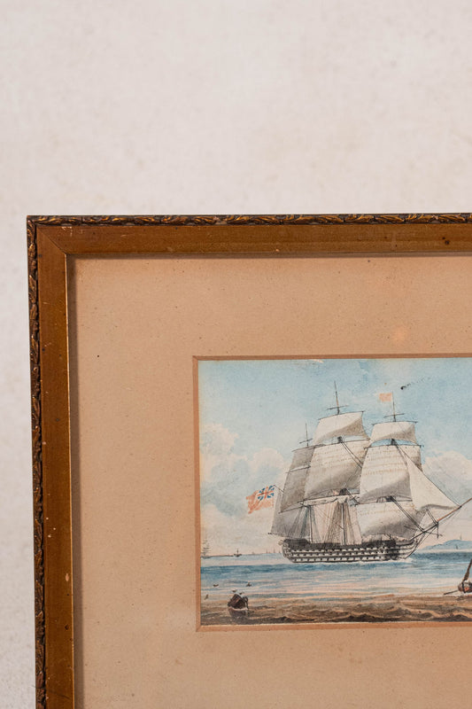 19th Century HMS Britannia Original Watercolor in Gold Frame (c. 1835)