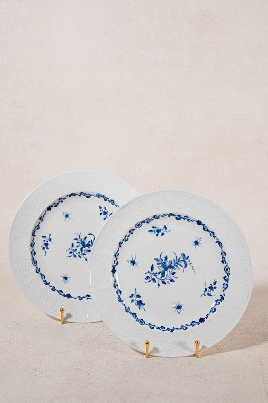 PAIR Blue + White Floral Spode Plates (c. 1840)