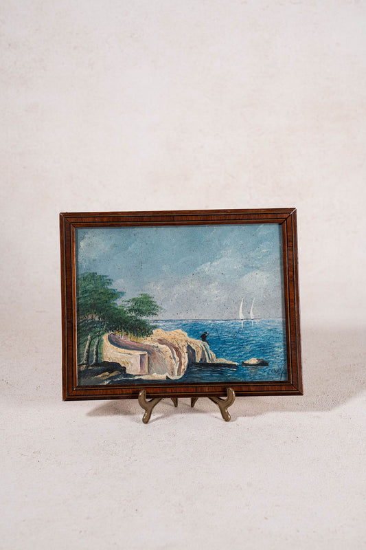 Original Oil on Board Landscape with Fisherman