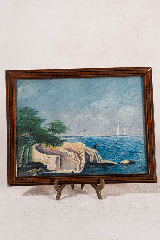 Original Oil on Board Landscape with Fisherman