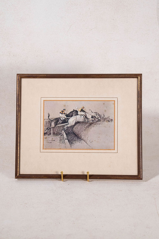 English Hand Colored Horse Racing Print in Vintage Frame