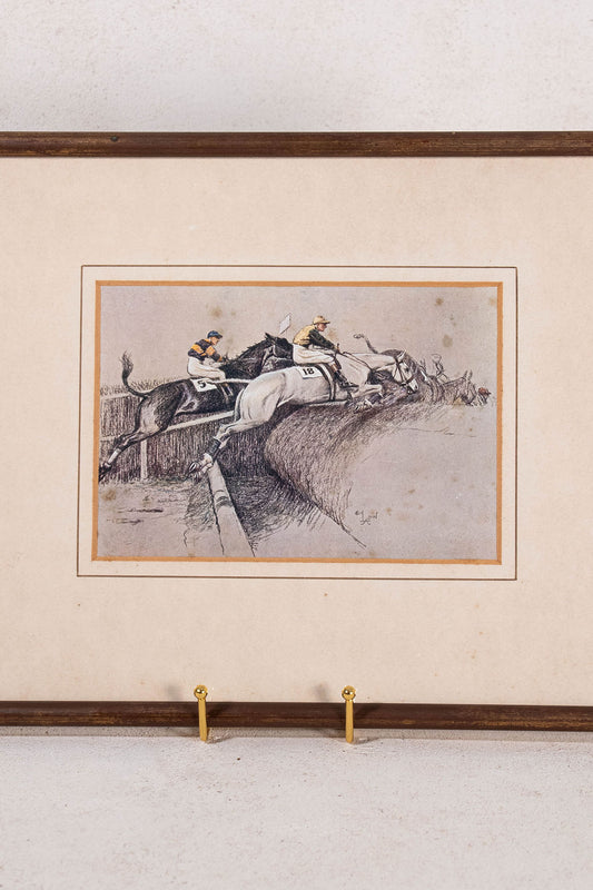English Hand Colored Horse Racing Print in Vintage Frame